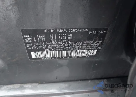 2020 Subaru Legacy Limited z USA, uszkodzony, nr VIN 4S3BWAL6XL3027609